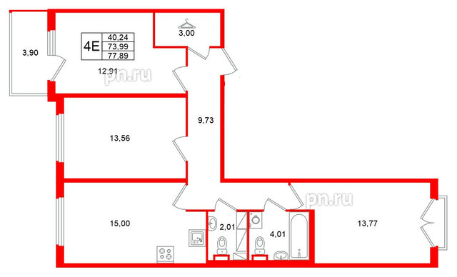 Квартира в ЖК Любоград, 3 комнатная, 77.89 м², 3 этаж