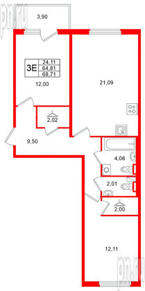 Квартира в ЖК Любоград, 2 комнатная, 68.71 м², 1 этаж