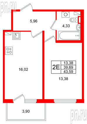 Квартира в ЖК «Любоград», 1 комнатная, 43.59 м², 1 этаж