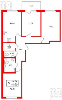 Квартира в ЖК Любоград, 3 комнатная, 75.36 м², 1 этаж