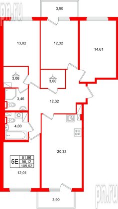 Квартира в ЖК «Любоград», 4 комнатная, 105.92 м², 2 этаж