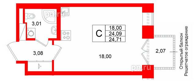 Квартира в ЖК «Аристократ», студия, 24.09 м², 7 этаж