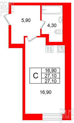 Квартира в ЖК «Яркий», студия, 27.1 м², 2 этаж