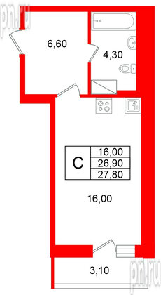 Квартира в ЖК «Яркий», студия, 26.9 м², 12 этаж