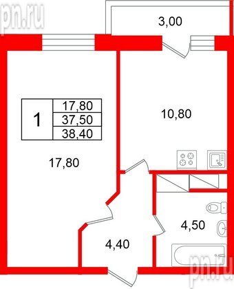 Квартира в ЖК «Яркий», 1 комнатная, 37.5 м², 9 этаж