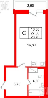 Квартира в ЖК «Яркий», студия, 27.8 м², 6 этаж