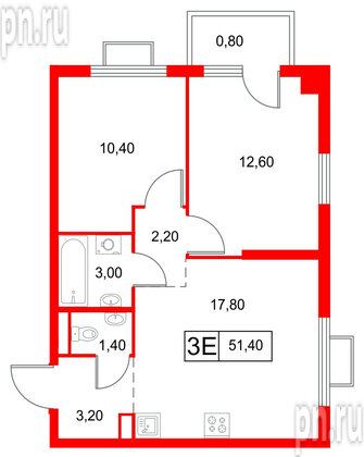 Квартира в ЖК Янинский Лес, 2 комнатная, 51.4 м², 14 этаж