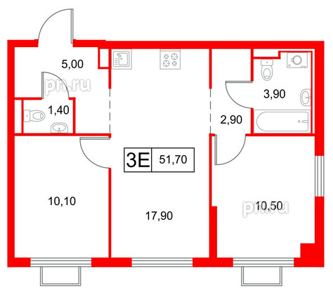 Квартира в ЖК Янинский Лес, 2 комнатная, 51.7 м², 9 этаж