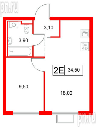 Квартира в ЖК Янинский Лес, 1 комнатная, 34.5 м², 6 этаж