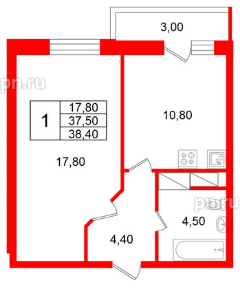 Квартира в ЖК «Яркий», 1 комнатная, 37.5 м², 9 этаж