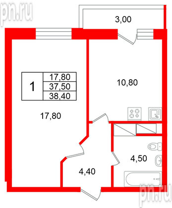 Квартира в ЖК «Яркий», 1 комнатная, 37.5 м², 11 этаж