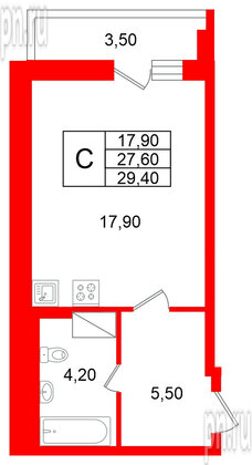 Квартира в ЖК «Яркий», студия, 27.6 м², 8 этаж