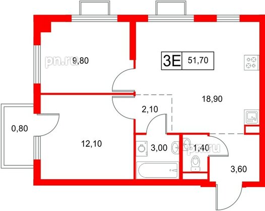 Квартира в ЖК «Янинский Лес», 2 комнатная, 51.7 м², 4 этаж