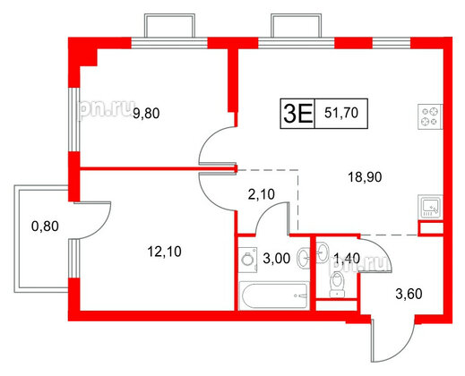 Квартира в ЖК Янинский Лес, 2 комнатная, 51.7 м², 10 этаж