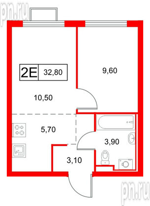 Квартира в ЖК «Янинский Лес», 1 комнатная, 32.8 м², 6 этаж