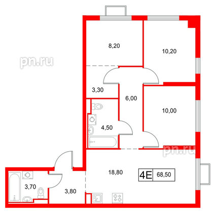 Квартира в ЖК Янинский Лес, 3 комнатная, 68.5 м², 9 этаж