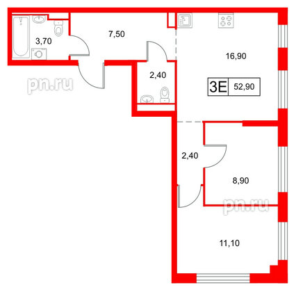 Квартира в ЖК Янинский Лес, 2 комнатная, 52.9 м², 1 этаж