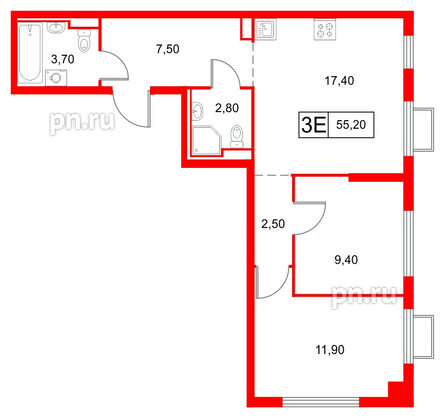 Квартира в ЖК Янинский Лес, 2 комнатная, 55.2 м², 15 этаж