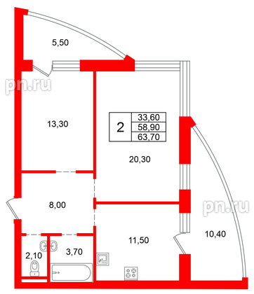 Квартира в ЖК «Ванино», 2 комнатная, 58.9 м², 3 этаж