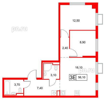 Квартира в ЖК Янинский Лес, 2 комнатная, 56.1 м², 9 этаж