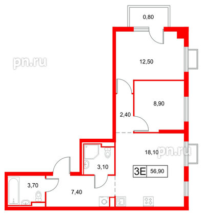 Квартира в ЖК Янинский Лес, 2 комнатная, 56.9 м², 14 этаж