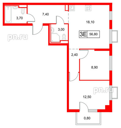 Квартира в ЖК Янинский Лес, 2 комнатная, 56.8 м², 11 этаж