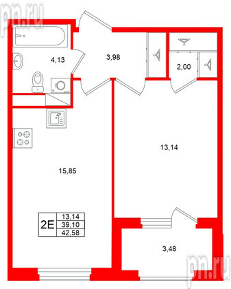 Квартира в ЖК Дубровский, 1 комнатная, 39.1 м², 2 этаж