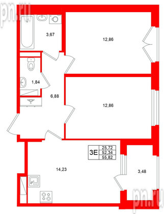 Квартира в ЖК «Дубровский», 2 комнатная, 52.34 м², 4 этаж