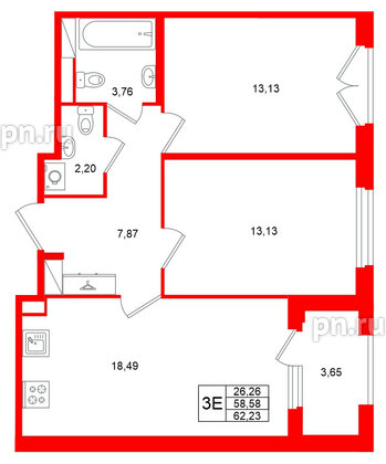 Квартира в ЖК Дубровский, 2 комнатная, 58.58 м², 3 этаж