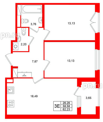 Квартира в ЖК Дубровский, 2 комнатная, 58.58 м², 4 этаж