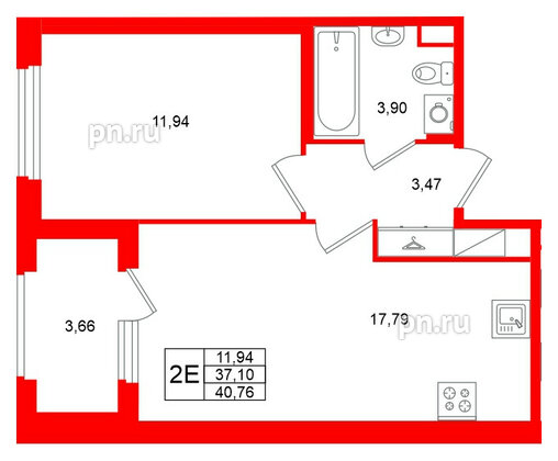 Квартира в ЖК Дубровский, 1 комнатная, 37.1 м², 3 этаж