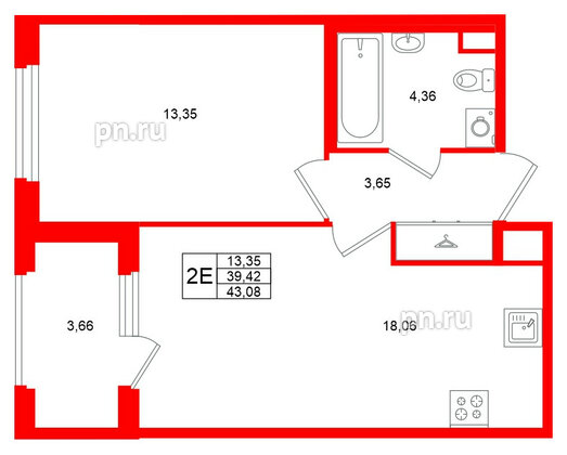 Квартира в ЖК Дубровский, 1 комнатная, 39.42 м², 1 этаж