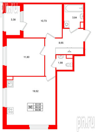 Квартира в ЖК «Дубровский», 2 комнатная, 56.52 м², 1 этаж
