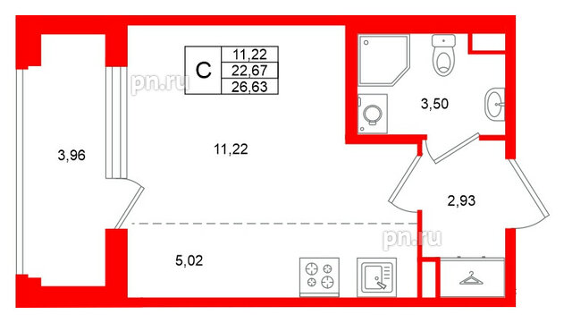 Квартира в ЖК «Дубровский», студия, 22.67 м², 1 этаж