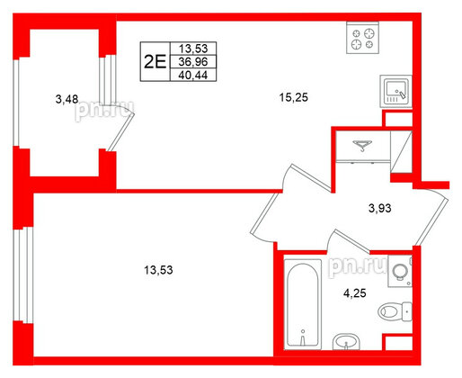Квартира в ЖК Дубровский, 1 комнатная, 36.96 м², 2 этаж