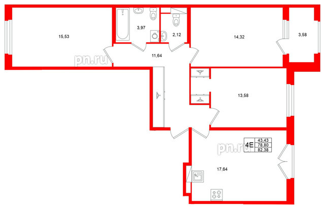 Квартира в ЖК Дубровский, 3 комнатная, 78.8 м², 3 этаж