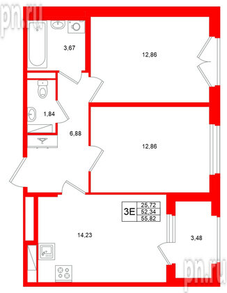 Квартира в ЖК «Дубровский», 2 комнатная, 52.34 м², 4 этаж
