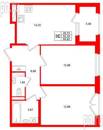 Квартира в ЖК «Дубровский», 2 комнатная, 52.34 м², 4 этаж