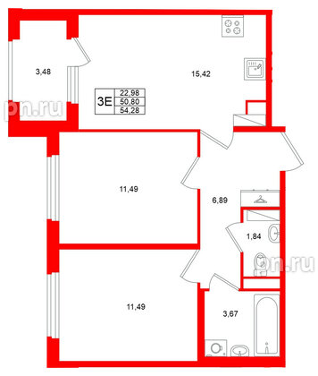 Квартира в ЖК «Дубровский», 2 комнатная, 50.8 м², 3 этаж
