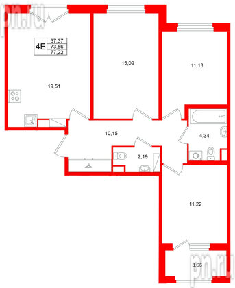 Квартира в ЖК Дубровский, 3 комнатная, 73.56 м², 4 этаж