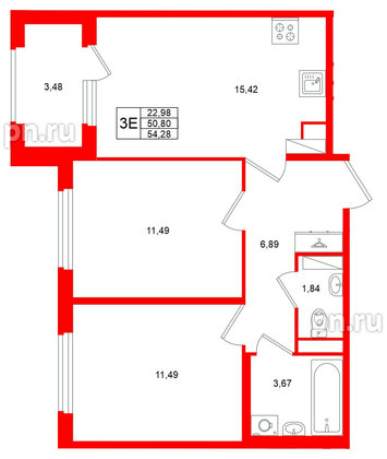 Квартира в ЖК «Дубровский», 2 комнатная, 50.8 м², 3 этаж