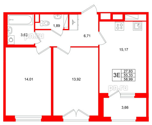 Квартира в ЖК «Дубровский», 2 комнатная, 55.33 м², 4 этаж
