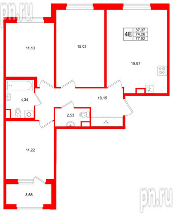 Квартира в ЖК Дубровский, 3 комнатная, 74.26 м², 1 этаж