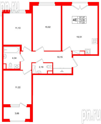 Квартира в ЖК Дубровский, 3 комнатная, 73.56 м², 3 этаж