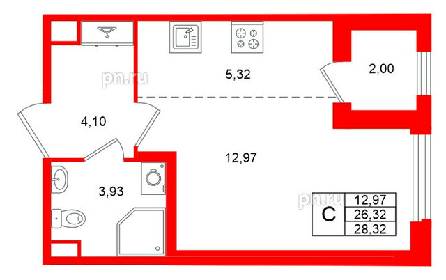 Квартира в ЖК Дубровский, студия, 26.32 м², 1 этаж