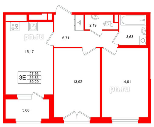 Квартира в ЖК «Дубровский», 2 комнатная, 55.63 м², 2 этаж