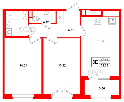Квартира в ЖК «Дубровский», 2 комнатная, 55.63 м², 2 этаж