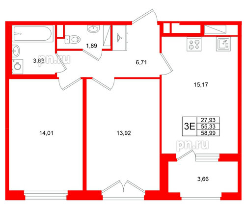Квартира в ЖК «Дубровский», 2 комнатная, 55.33 м², 3 этаж