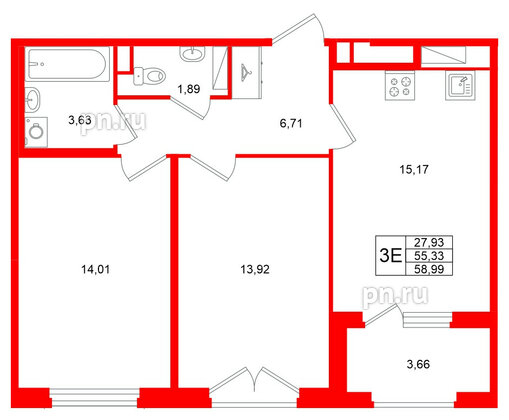 Квартира в ЖК «Дубровский», 2 комнатная, 55.33 м², 4 этаж