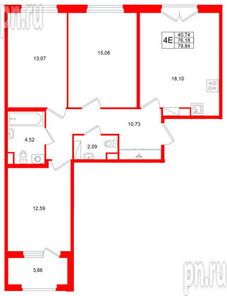 Квартира в ЖК Дубровский, 3 комнатная, 76.18 м², 4 этаж